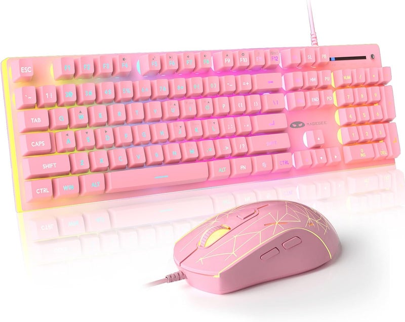 مايجغي مجموعة لوحة المفاتيح والفأرة للألعاب GT838، 104 مفتاحًا مع إضاءة خلفية RGB، لوحة مفاتيح سلكية هادئة لأجهزة الكمبيوتر المحمولة وأجهزة MAC، مع لوحة أرقام، لوحة معدنية، مقاومة للظلال، وردي - Image 1