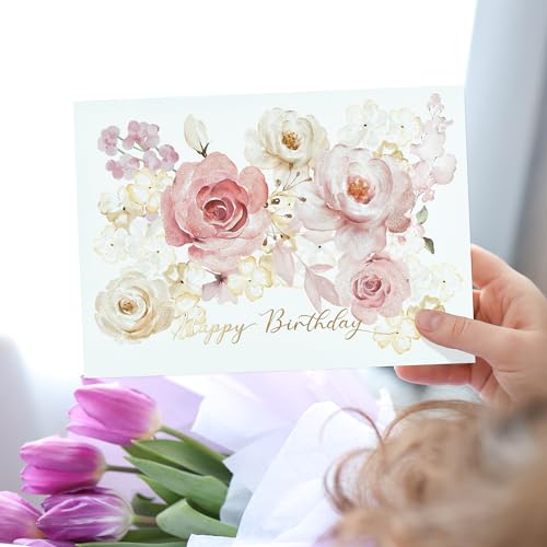 Gooji 5x7 Floral Happy Birthday Card – Birthday Cards for Women – For Daughter, Wife, Mom, Friend, Grandma & More – Heartfelt Card with Pink Watercolor Flowers (Blush Bloom) Gold Foil - Image 4