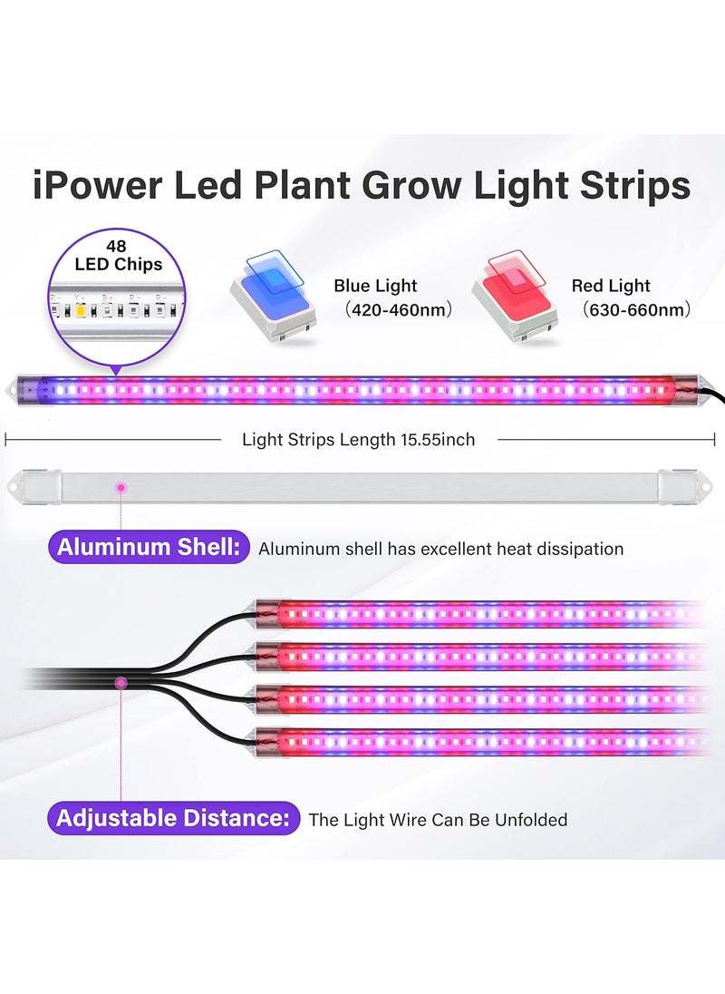 iPower iPower 60W LED Grow Lights with Full Spectrum Plant Growing Light Strips for Indoor Plant with Auto ONOff 3912H Timer 10 Dimmable Levels 48 LEDs Per Tude 4 Tubes RedBlue  - Image 2