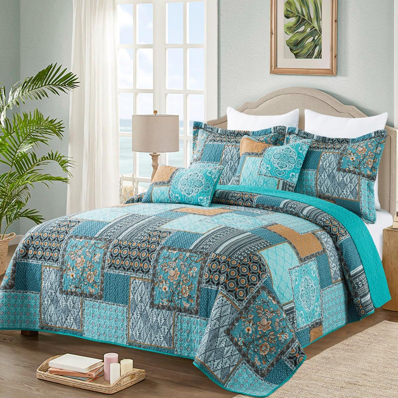 VAPUTAR Cotton Quilt Queen Size Bedding Set - 3 Pieces Queen Quilt Bedding Set, Boho Queen Size Quilts, Lightweight Reversible Coverlets Bedspreads for Farmhouse Bedroom (Teal/Green Chic) - Image 2
