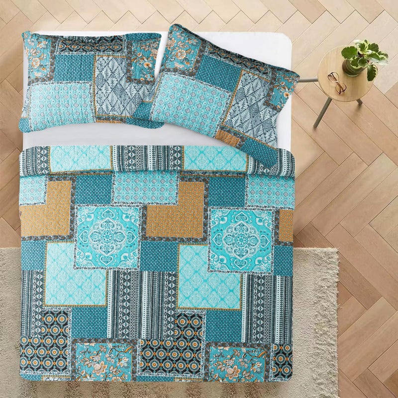 VAPUTAR Cotton Quilt Queen Size Bedding Set - 3 Pieces Queen Quilt Bedding Set, Boho Queen Size Quilts, Lightweight Reversible Coverlets Bedspreads for Farmhouse Bedroom (Teal/Green Chic) - Image 3