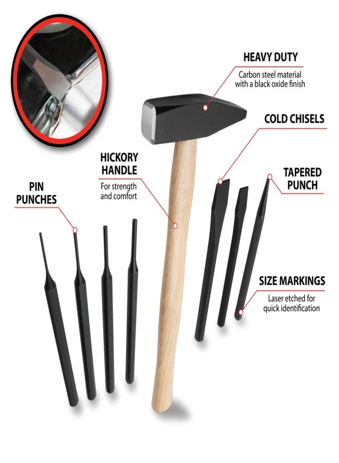 Performance Tool M7046 8 Pc. Hammer and Punch Set - Includes Machinist's Hammer, Pin Punch, Tapered Punch, Carbon Steel, Black - Image 2