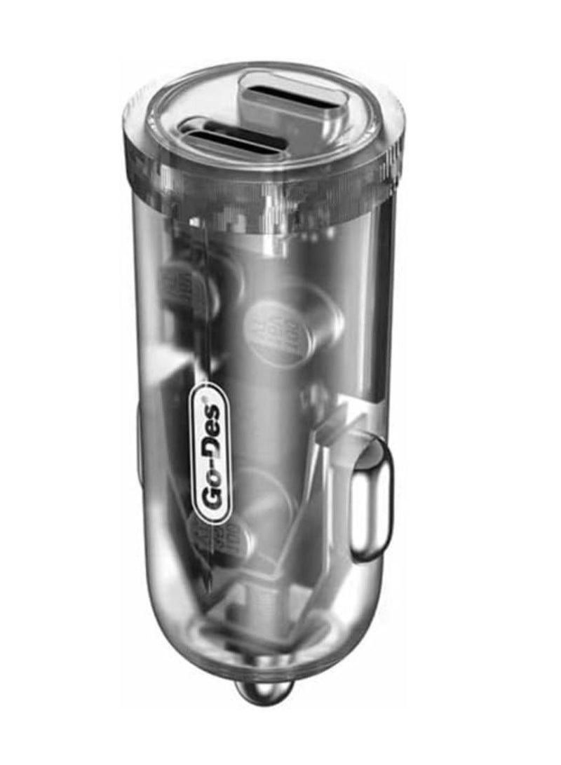 GO-DES 40W Transparent Quick Car Charger Adapter – Dual USB Fast Charging Port for Smartphones, Tablets & Devices – Sleek Compact Design with LED Indicator – Universal Compatibility for All Vehicles - Image 1