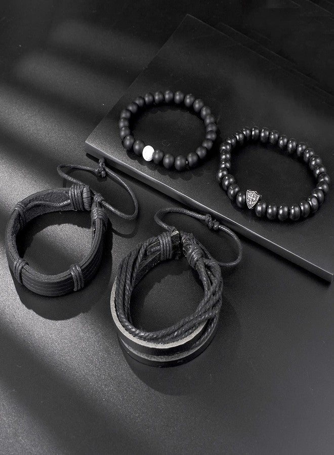 Tornito 15Pcs Braided Leather Bracelet String Wood Bead Woven Ethnic Boho Cuff Wrap Stretch Wristbands Bracelets Set for Men Women Size Adjustable - Image 5