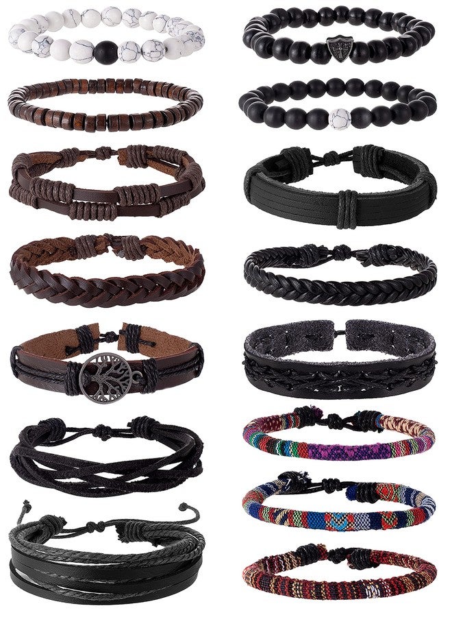 Tornito 15Pcs Braided Leather Bracelet String Wood Bead Woven Ethnic Boho Cuff Wrap Stretch Wristbands Bracelets Set for Men Women Size Adjustable - Image 1