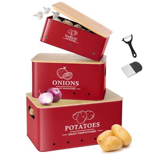 Dekosilave Kitchen Vegetable Storage Set of 3, Metal Onion Garlic Potato Storage Set, Kitchen Canisters Vegetable Keeper Containers with Aerating Holes and Wooden Lid (Red) - Image 1