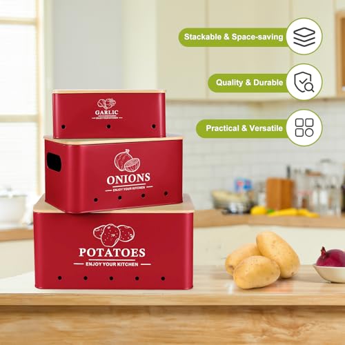 Dekosilave Kitchen Vegetable Storage Set of 3, Metal Onion Garlic Potato Storage Set, Kitchen Canisters Vegetable Keeper Containers with Aerating Holes and Wooden Lid (Red) - Image 5