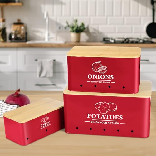 Dekosilave Kitchen Vegetable Storage Set of 3, Metal Onion Garlic Potato Storage Set, Kitchen Canisters Vegetable Keeper Containers with Aerating Holes and Wooden Lid (Red) - Image 2