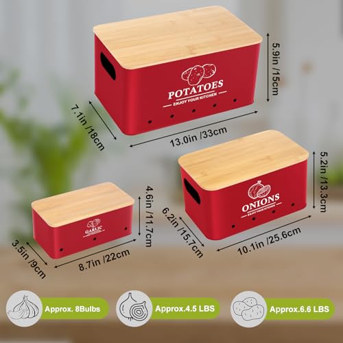 Dekosilave Kitchen Vegetable Storage Set of 3, Metal Onion Garlic Potato Storage Set, Kitchen Canisters Vegetable Keeper Containers with Aerating Holes and Wooden Lid (Red) - Image 4