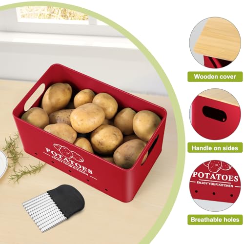 Dekosilave Kitchen Vegetable Storage Set of 3, Metal Onion Garlic Potato Storage Set, Kitchen Canisters Vegetable Keeper Containers with Aerating Holes and Wooden Lid (Red) - Image 3