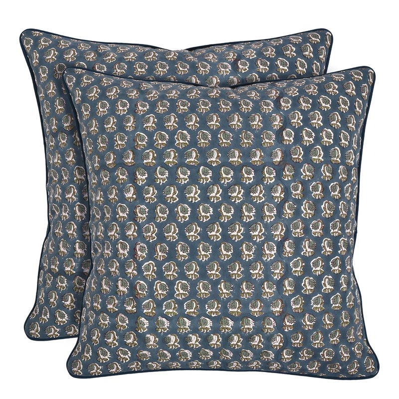 Ridhi Block Print Peacock Blue Pillow Cover 18 x 18 Pack of 2 Decorative Couch Pillows for Living Room Farmhouse Chic Boho Cute Outdoor Pillows Covers Gifts for Spring Mothers Day - Image 2