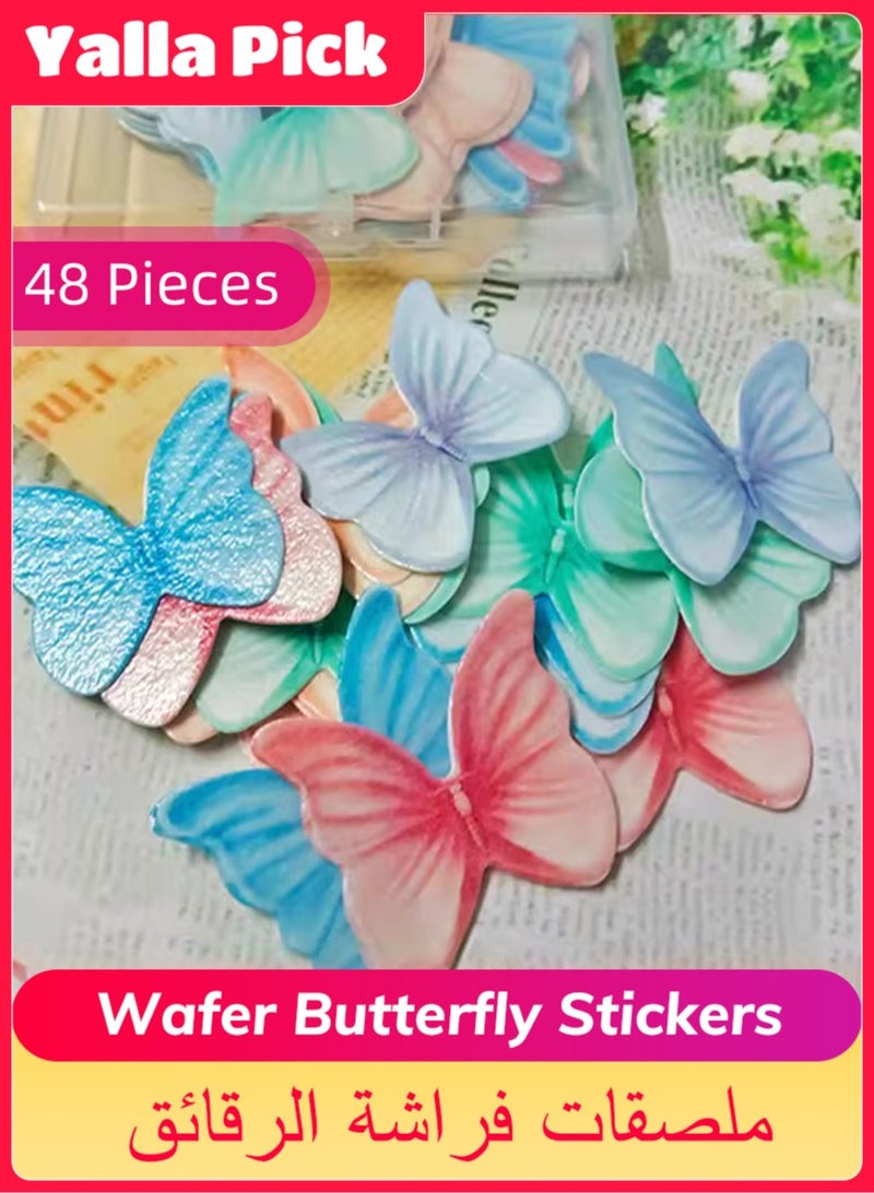 Yalla Pick 48 Pcs Wafer Butterfly Cake Stickers, Watercolor Cake Toppers for Party Baking Decoration, Food Safe DIY Cupcake Decor(6 Colors) - Image 1