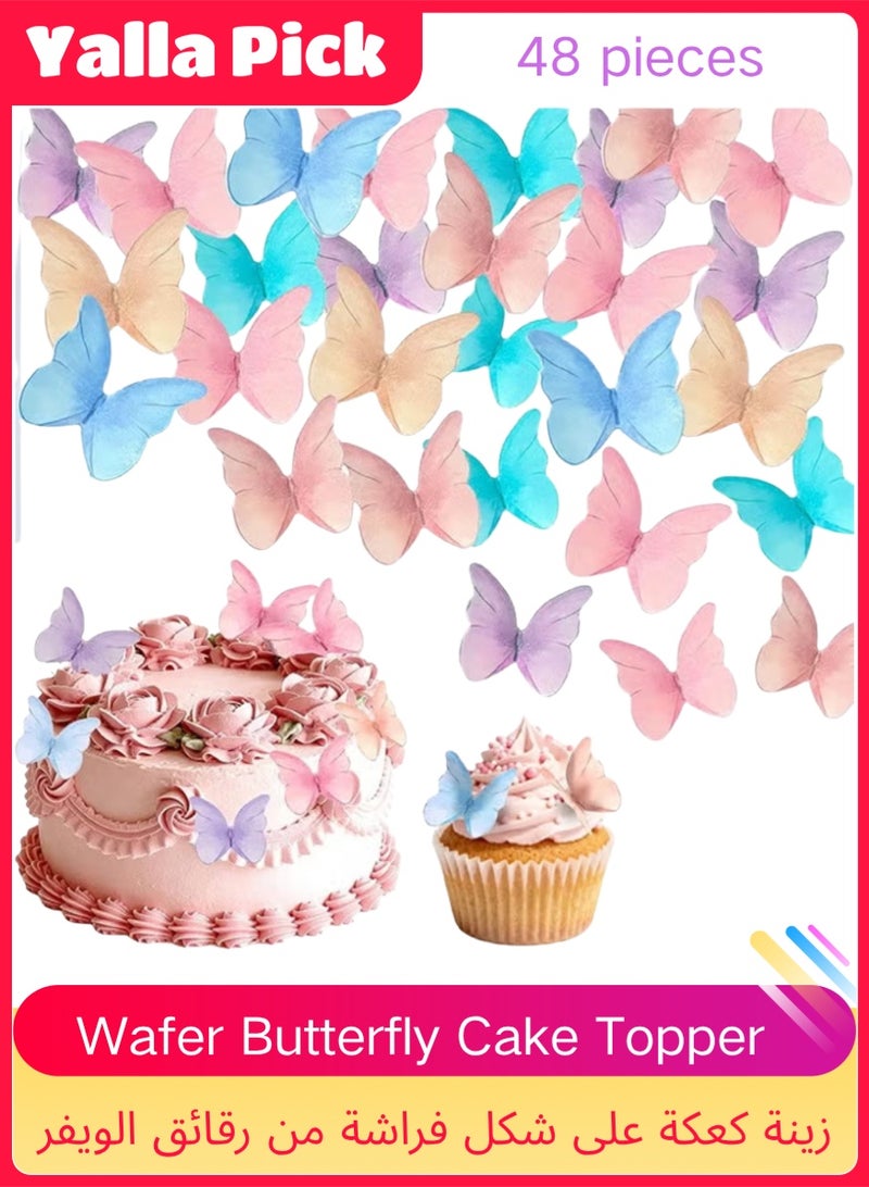 Yalla Pick 48 Pcs Wafer Butterfly Cake Stickers, Watercolor Cake Toppers for Party Baking Decoration, Food Safe DIY Cupcake Decor(6 Colors) - Image 1