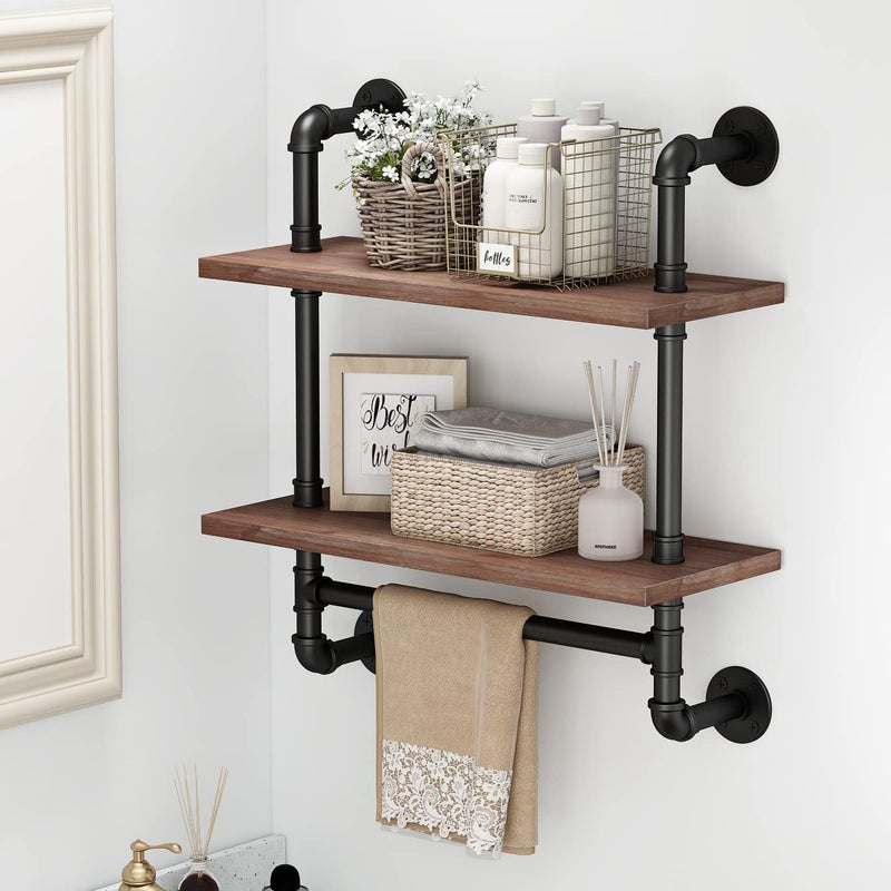 BOSURU BOSURU Industrial Pipe Bathroom Shelves Rustic Wood Shelves with Towel Bar 24 Farmhouse Wall Shelf for Wall Pipe Shelving 