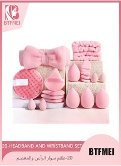 BTFMEI 20-Piece Spa Headband and Wristband Clean Set - Multi soft color Mini Makeup Sponge,Women Gift Set(Pink)  - Image 1