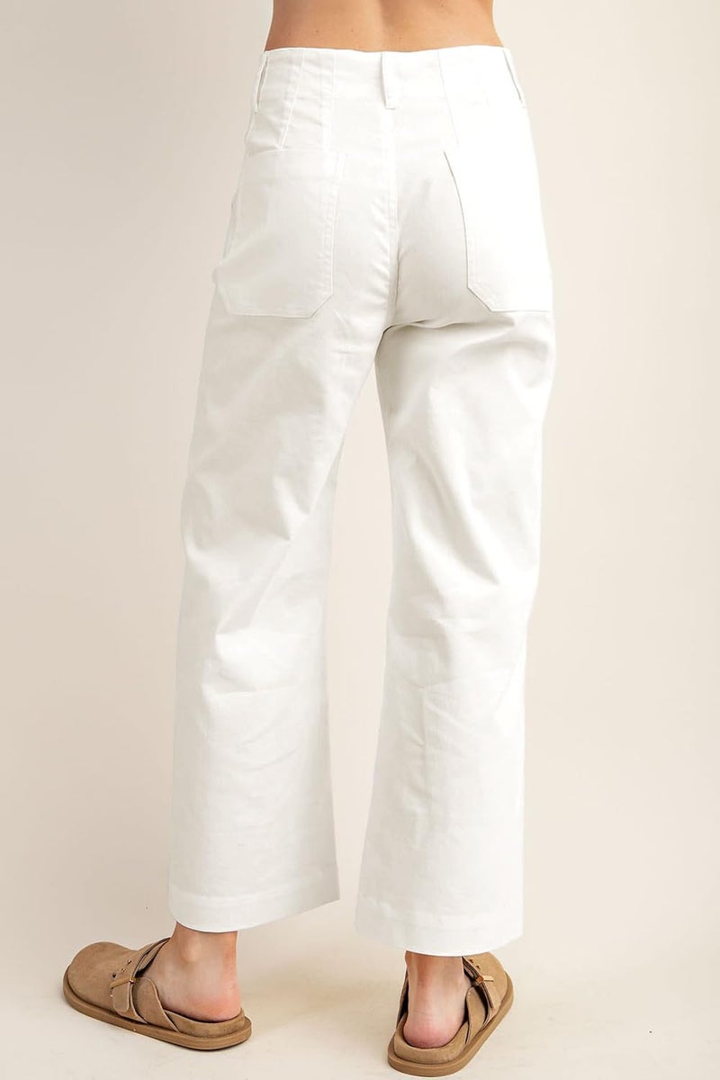 miduo Womens Fashion Casual Button High Rise Zipper Cropped Straight Wide Leg Pants Trousers with Pockets White 30ï¼ˆLittle See Through - Image 4