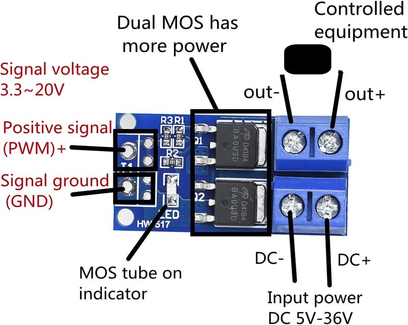Teyleten Robot DC 5V-36V 15A Max 30A 400W Dual High-Power MOSFET Trigger Switch Drive Module 0-20KHz PWM Adjustment Electronic Switch Control Board DC Motor Speed Controller for Arduino 10pcs - Image 5