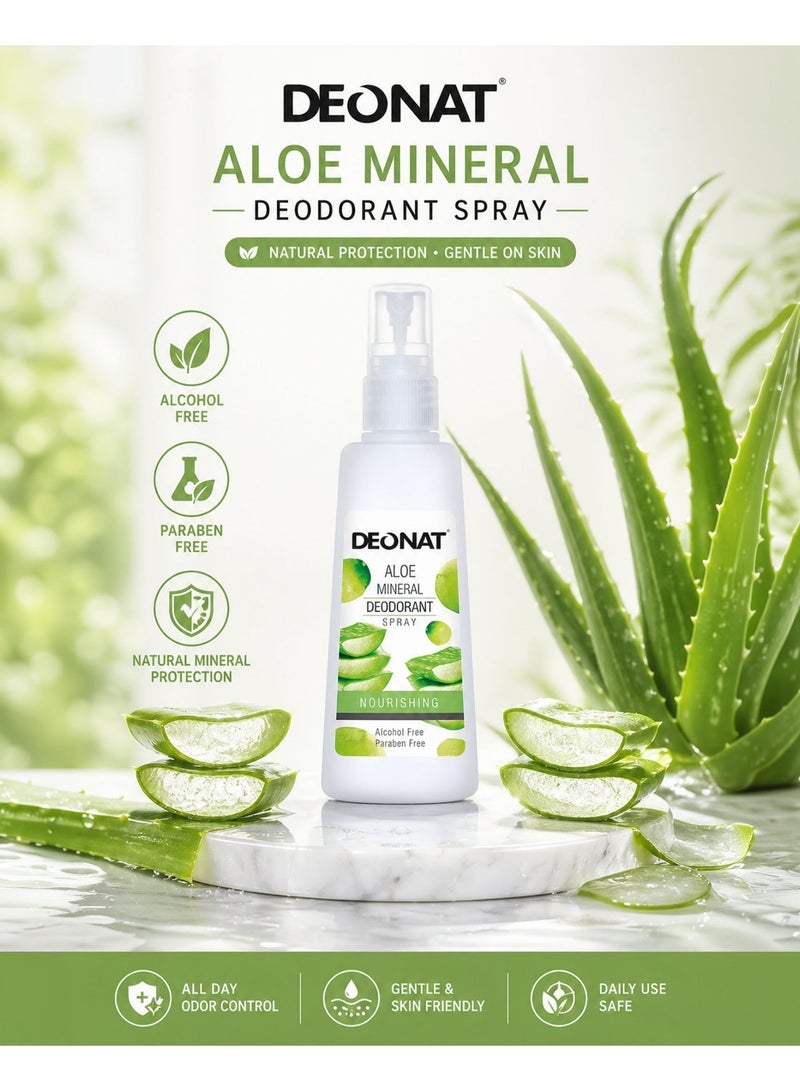 DEONAT Aloe Mineral Deodorant Spray Nourishing with Aloe Vera Extract Hydrating Soothing Underarm Care Odor Protection Natural Mineral Deodorant Anti Bacterial Long Lasting Freshness Alcohol Free Paraben Free Gentle Skin Care for Men and Women Daily Use Sensitive Skin 100 ml - Image 1