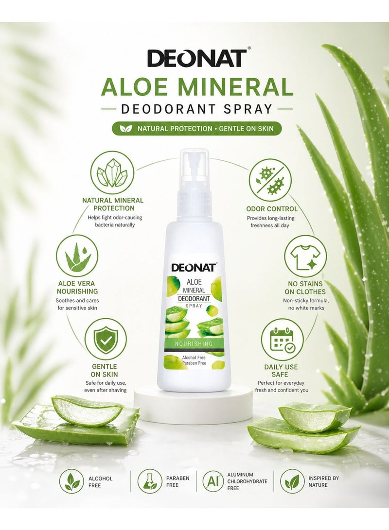 DEONAT Aloe Mineral Deodorant Spray Nourishing with Aloe Vera Extract Hydrating Soothing Underarm Care Odor Protection Natural Mineral Deodorant Anti Bacterial Long Lasting Freshness Alcohol Free Paraben Free Gentle Skin Care for Men and Women Daily Use Sensitive Skin 100 ml - Image 2