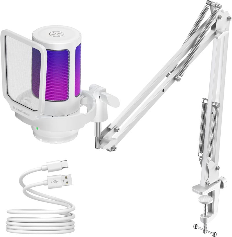 InnoGear Gaming USB Microphone Noise Cancellation Condenser Mic with Mute Gain RGB Indicator Boom Arm Stand for Streaming Podcast Twitch YouTube Discord PC Computer PS4 PS5 Mac White - Image 1