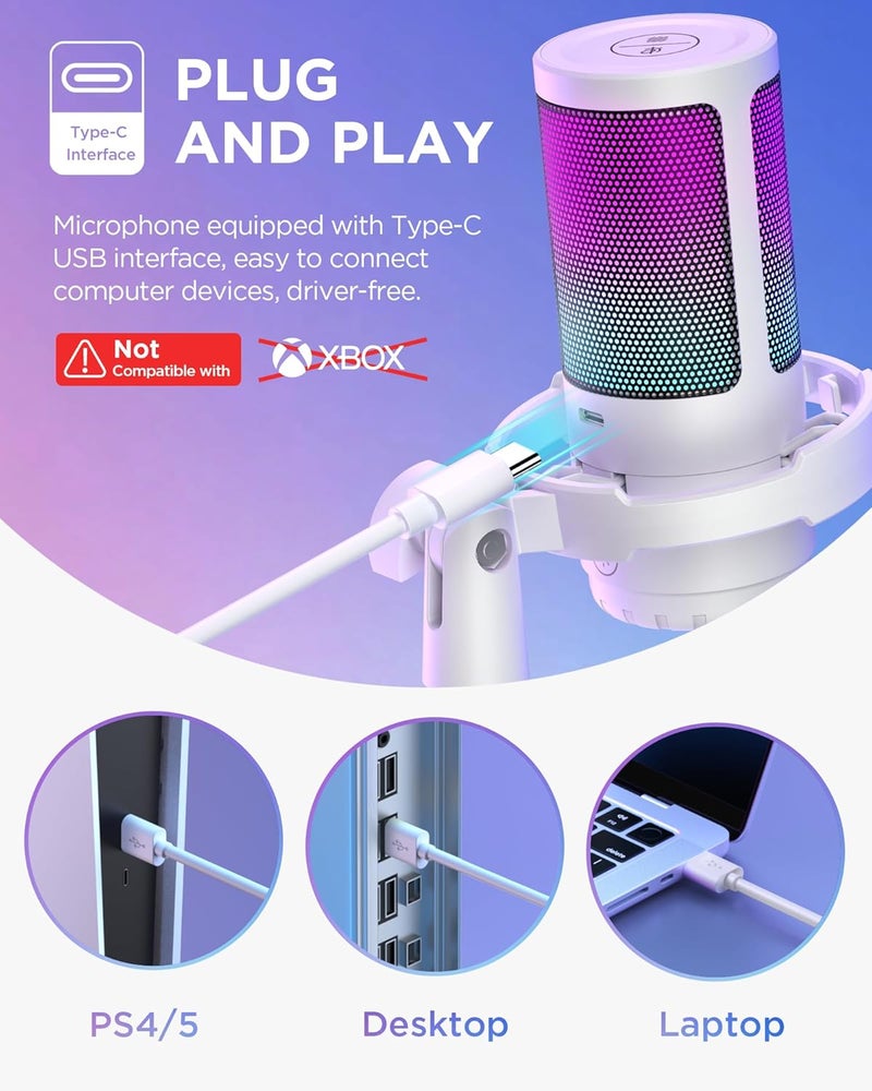 InnoGear Gaming USB Microphone Noise Cancellation Condenser Mic with Mute Gain RGB Indicator Boom Arm Stand for Streaming Podcast Twitch YouTube Discord PC Computer PS4 PS5 Mac White - Image 5