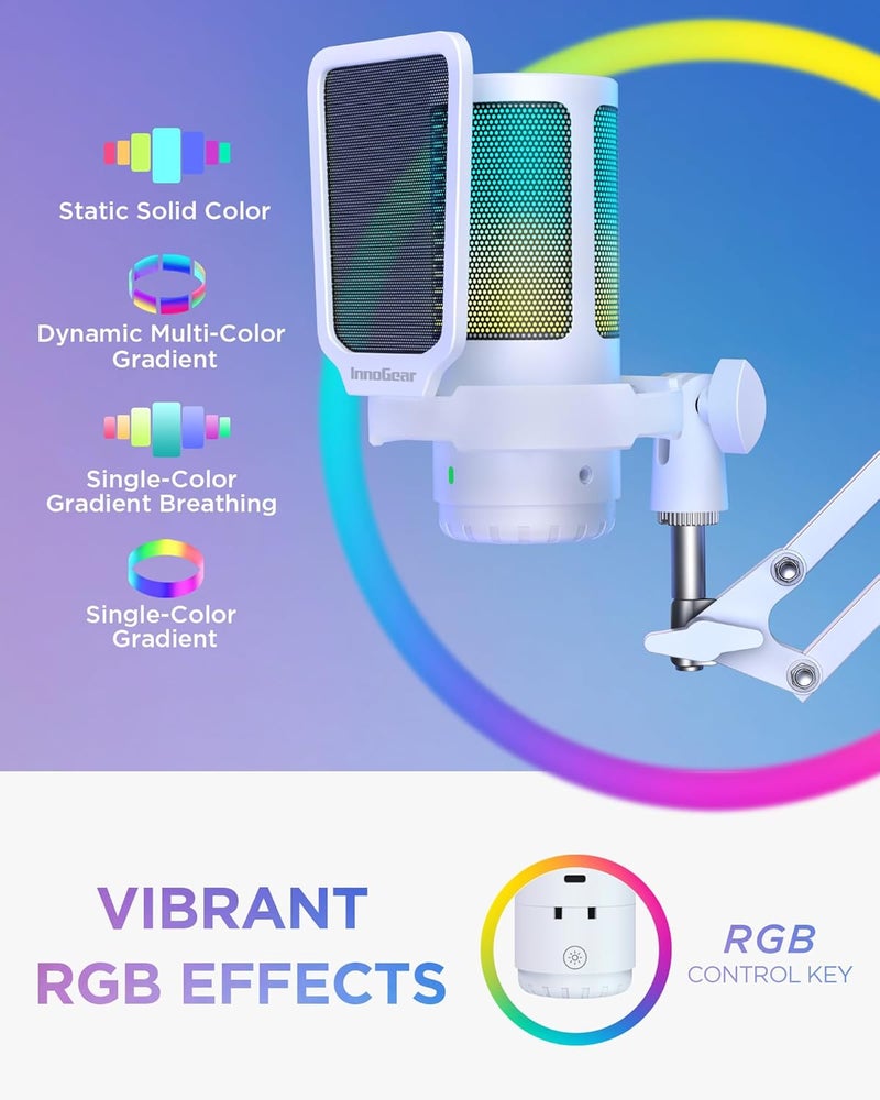 InnoGear Gaming USB Microphone Noise Cancellation Condenser Mic with Mute Gain RGB Indicator Boom Arm Stand for Streaming Podcast Twitch YouTube Discord PC Computer PS4 PS5 Mac White - Image 4
