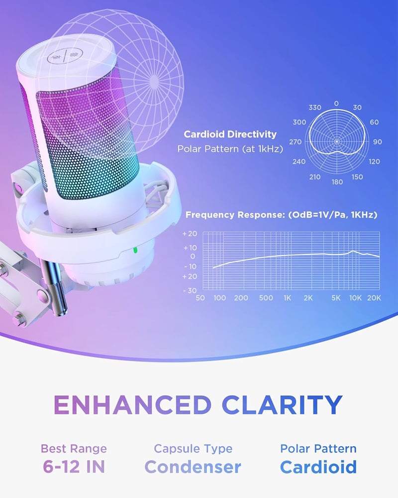 InnoGear Gaming USB Microphone Noise Cancellation Condenser Mic with Mute Gain RGB Indicator Boom Arm Stand for Streaming Podcast Twitch YouTube Discord PC Computer PS4 PS5 Mac White - Image 2