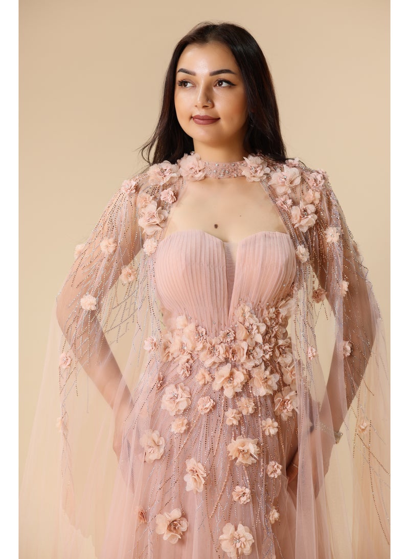 FAIZ COUTURE Elegant One-Shoulder Embellished Evening Gown with Draped Tulle Sleeve - Image 2