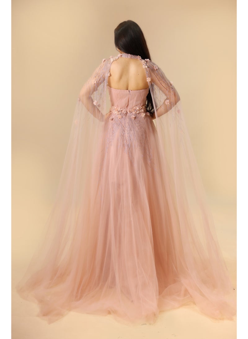 FAIZ COUTURE Elegant One-Shoulder Embellished Evening Gown with Draped Tulle Sleeve - Image 3