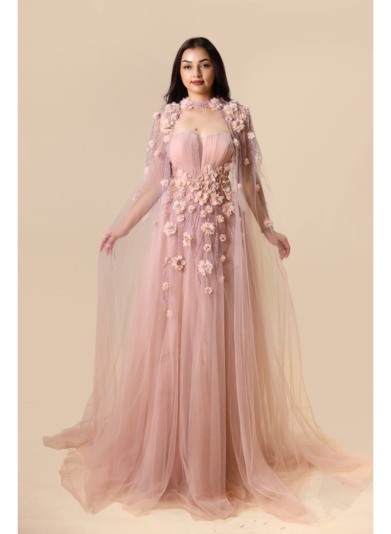 FAIZ COUTURE Elegant One-Shoulder Embellished Evening Gown with Draped Tulle Sleeve - Image 1