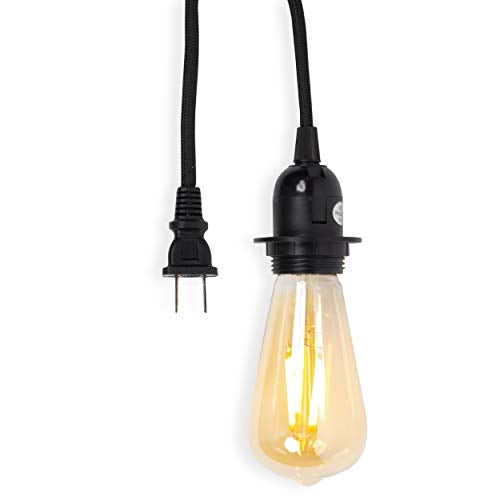 Rustic State Fabric Cord for Hanging Pendant Lamp Fixture - 15 Feet Decorative Braided Flexible Cable with E-26/ E-27 Light Bulb Socket & 2 Prong Flat Plug - Industrial Vintage DIY Projects - Black - Image 2