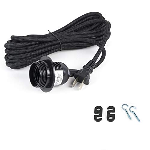 Rustic State Fabric Cord for Hanging Pendant Lamp Fixture - 15 Feet Decorative Braided Flexible Cable with E-26/ E-27 Light Bulb Socket & 2 Prong Flat Plug - Industrial Vintage DIY Projects - Black - Image 1