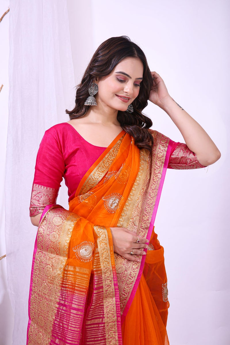 Shiv Textiles Women's Organza Jequard Zari Weaving Saree(CM-806-ORANGE) - Image 3