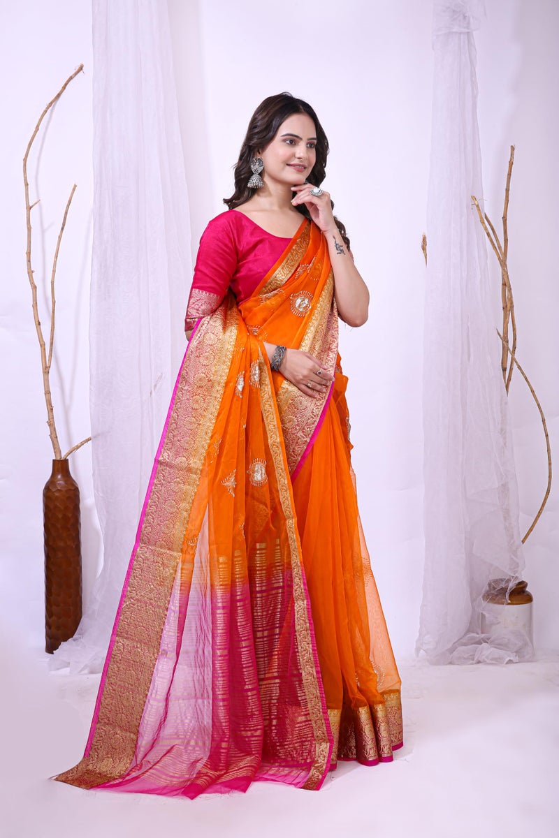 Shiv Textiles Women's Organza Jequard Zari Weaving Saree(CM-806-ORANGE) - Image 2
