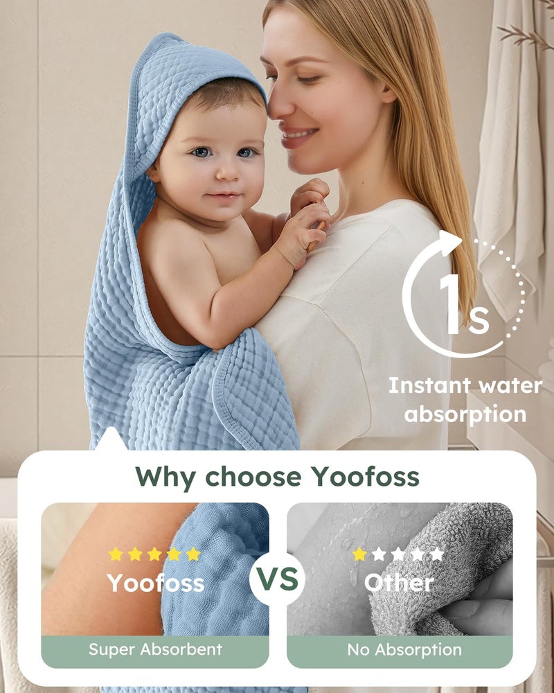 Yoofoss Hooded Baby Towels for Newborn 2 Pack 100% Muslin Organic Cotton Baby Bath Towel with Hood for Babies, Infant, Toddler and Kids, Large 32x32Inch, Soft and Absorbent Newborn Essential - Image 3