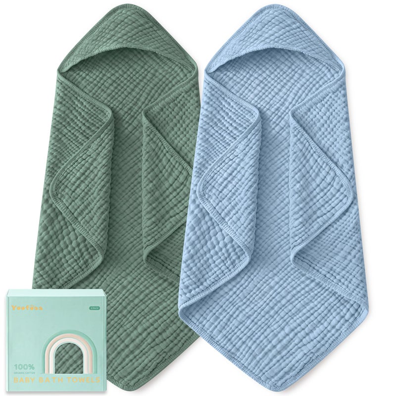Yoofoss Hooded Baby Towels for Newborn 2 Pack 100% Muslin Organic Cotton Baby Bath Towel with Hood for Babies, Infant, Toddler and Kids, Large 32x32Inch, Soft and Absorbent Newborn Essential - Image 1