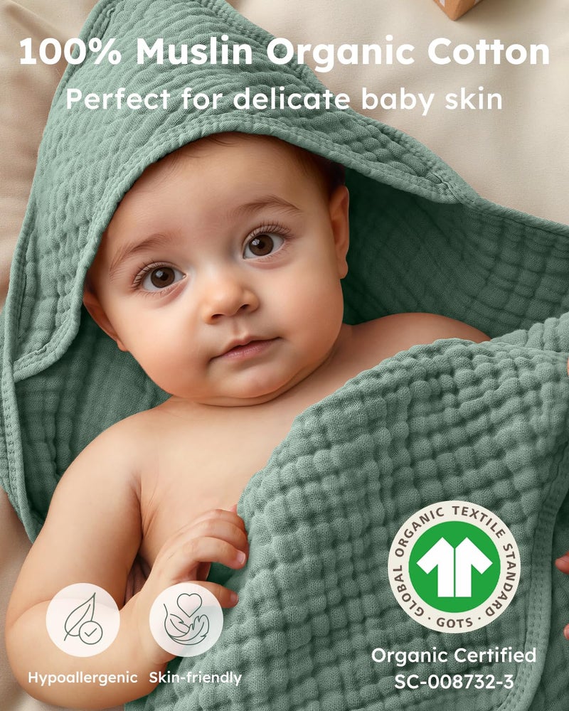 Yoofoss Hooded Baby Towels for Newborn 2 Pack 100% Muslin Organic Cotton Baby Bath Towel with Hood for Babies, Infant, Toddler and Kids, Large 32x32Inch, Soft and Absorbent Newborn Essential - Image 2