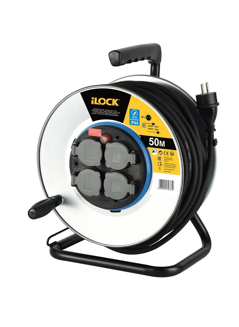iLOCK Metal Cable Reel with 4 Schuko Sockets and Extension Cord 50m  - Image 1
