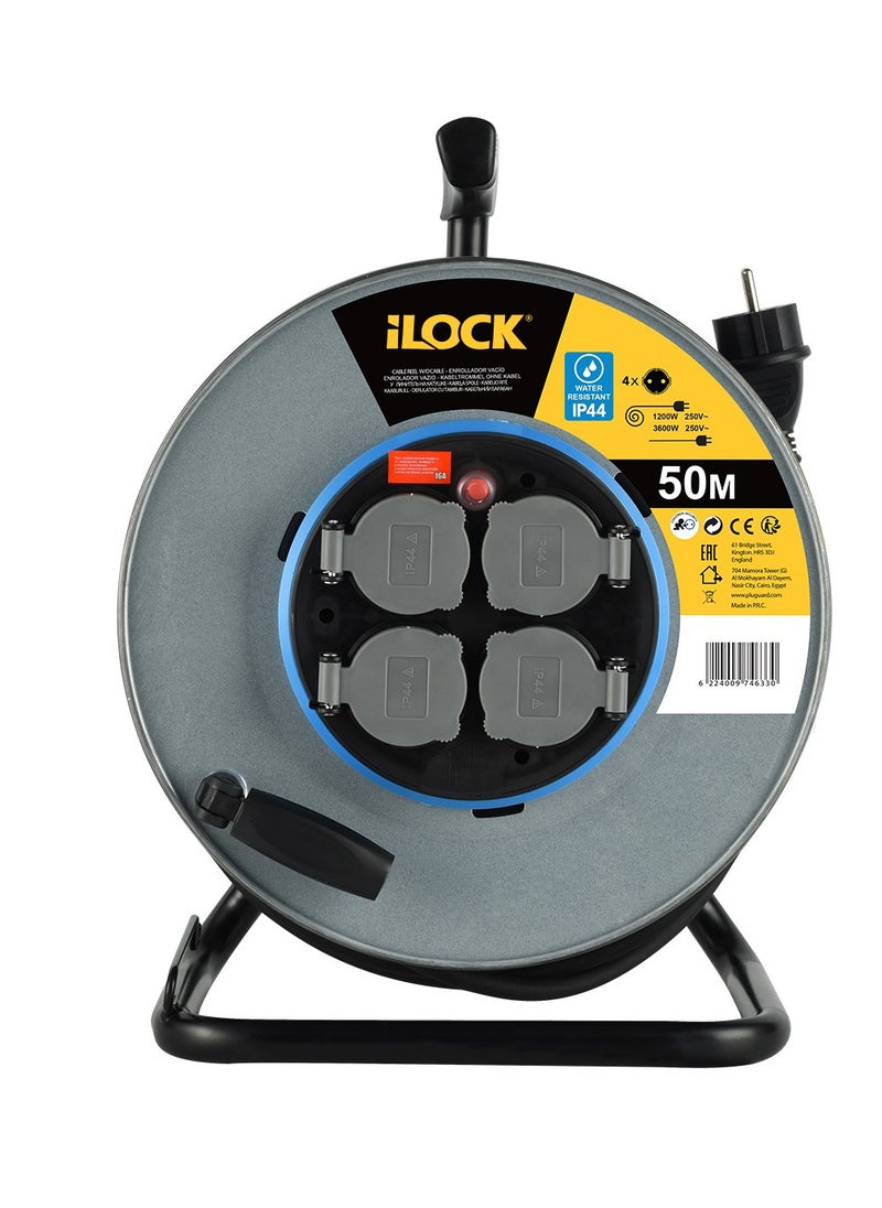 iLOCK Metal Cable Reel with 4 Schuko Sockets and Extension Cord 50m  - Image 2
