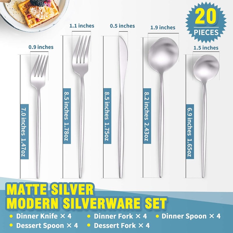 Lemeya Matte Silverware Set for 4Modern Stainless Steel Brushed Cutlery Set20Pieces Heavy Duty Flatware SetKnives Spoons and Forks Set Utensils Set Satin Finish Dishwasher Safe - Image 2