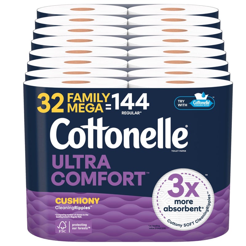 Cottonelle Ultra Comfort Toilet Paper with Cushiony CleaningRipples Texture, 32 Family Mega Rolls = 144 Regular Rolls (8 Packs of 4) - Image 1
