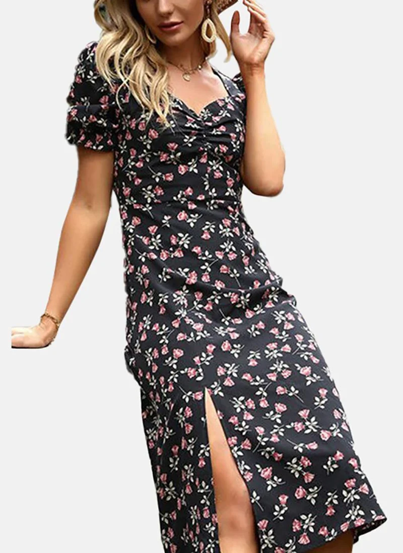 يونيكي Black Basic Floral Sweetheart Neck Half Sleeve Dress