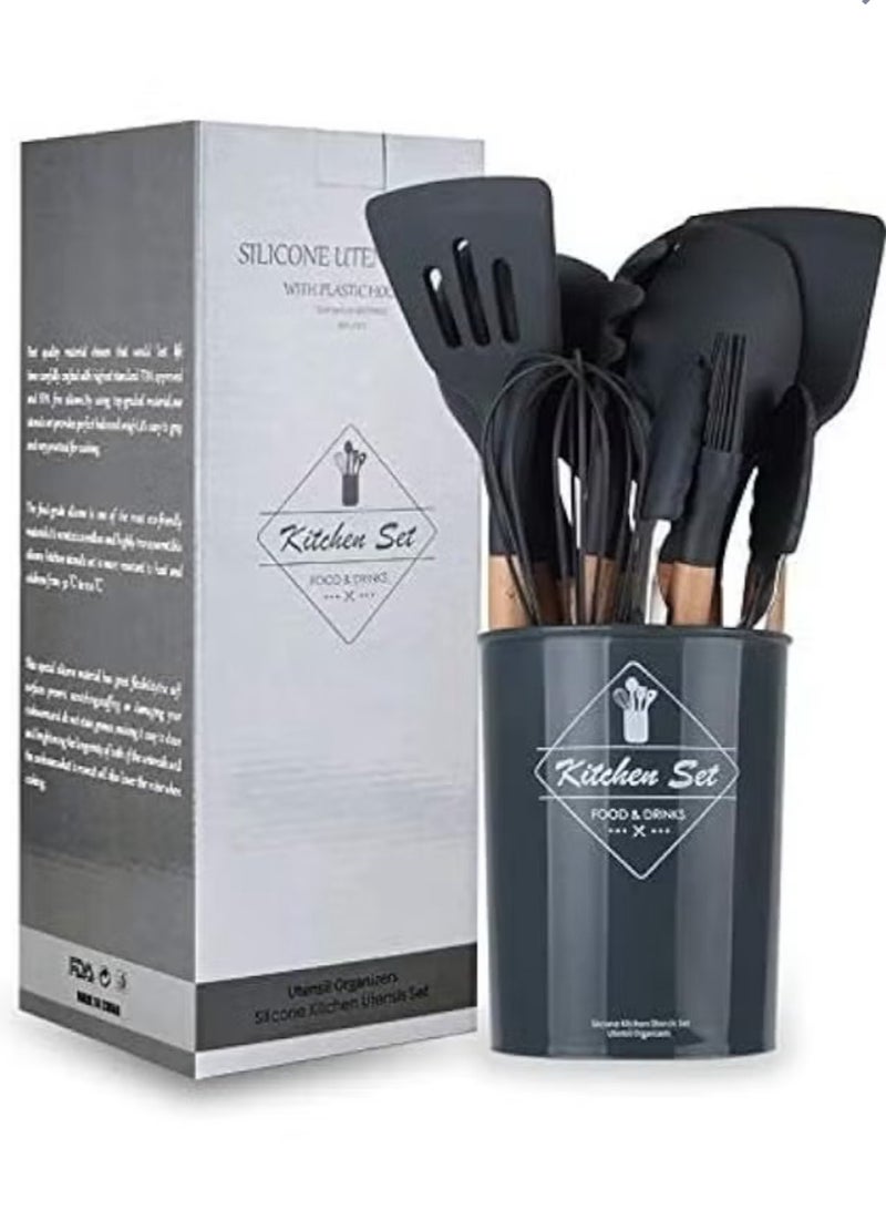 طقم أدوات مطبخ 12 قطعة أدوات طبخ سيليكون طقم أدوات طبخ من السيليكون ملاعق خشبية مقاومة للحرارة لأدوات الطبخ المانعة للالتصاق (أسود) - Image 2