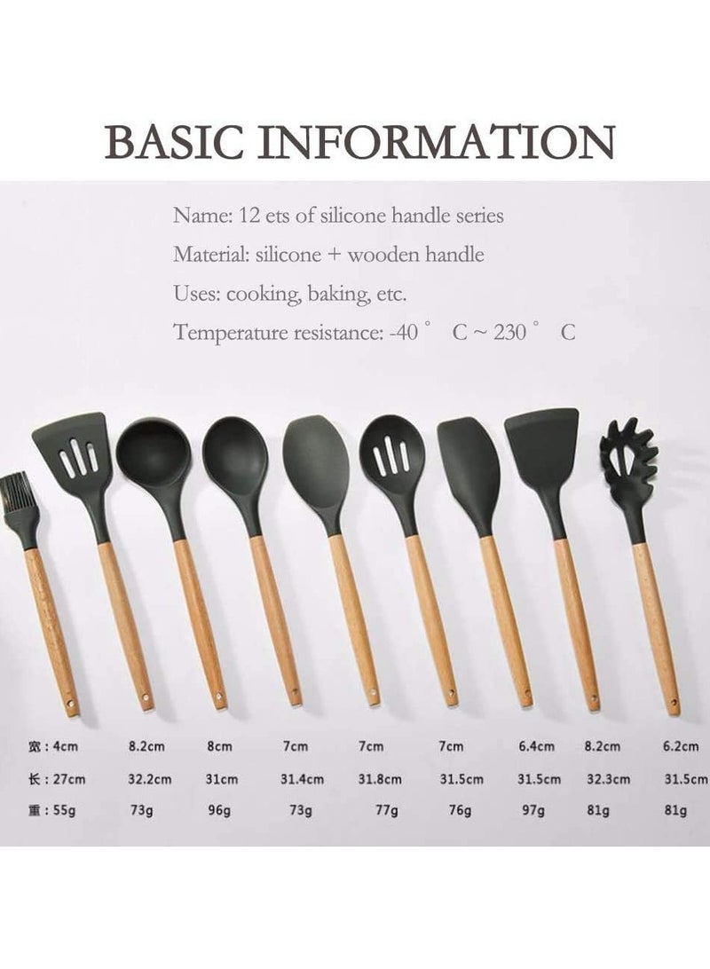 طقم أدوات مطبخ 12 قطعة أدوات طبخ سيليكون طقم أدوات طبخ من السيليكون ملاعق خشبية مقاومة للحرارة لأدوات الطبخ المانعة للالتصاق (أسود) - Image 3