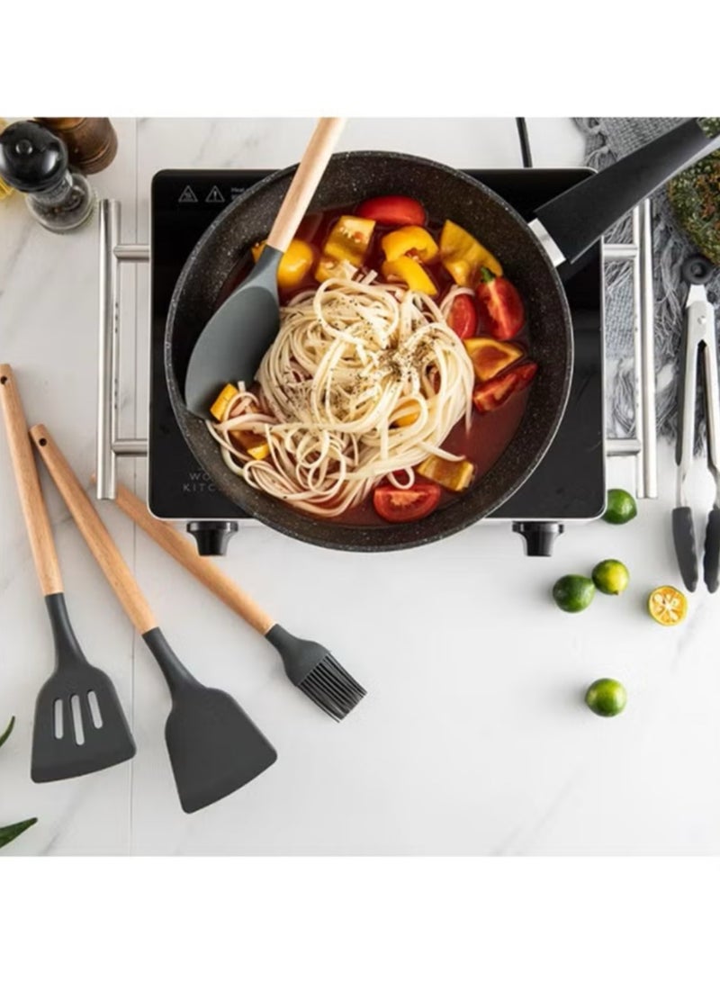 طقم أدوات مطبخ 12 قطعة أدوات طبخ سيليكون طقم أدوات طبخ من السيليكون ملاعق خشبية مقاومة للحرارة لأدوات الطبخ المانعة للالتصاق (أسود) - Image 5
