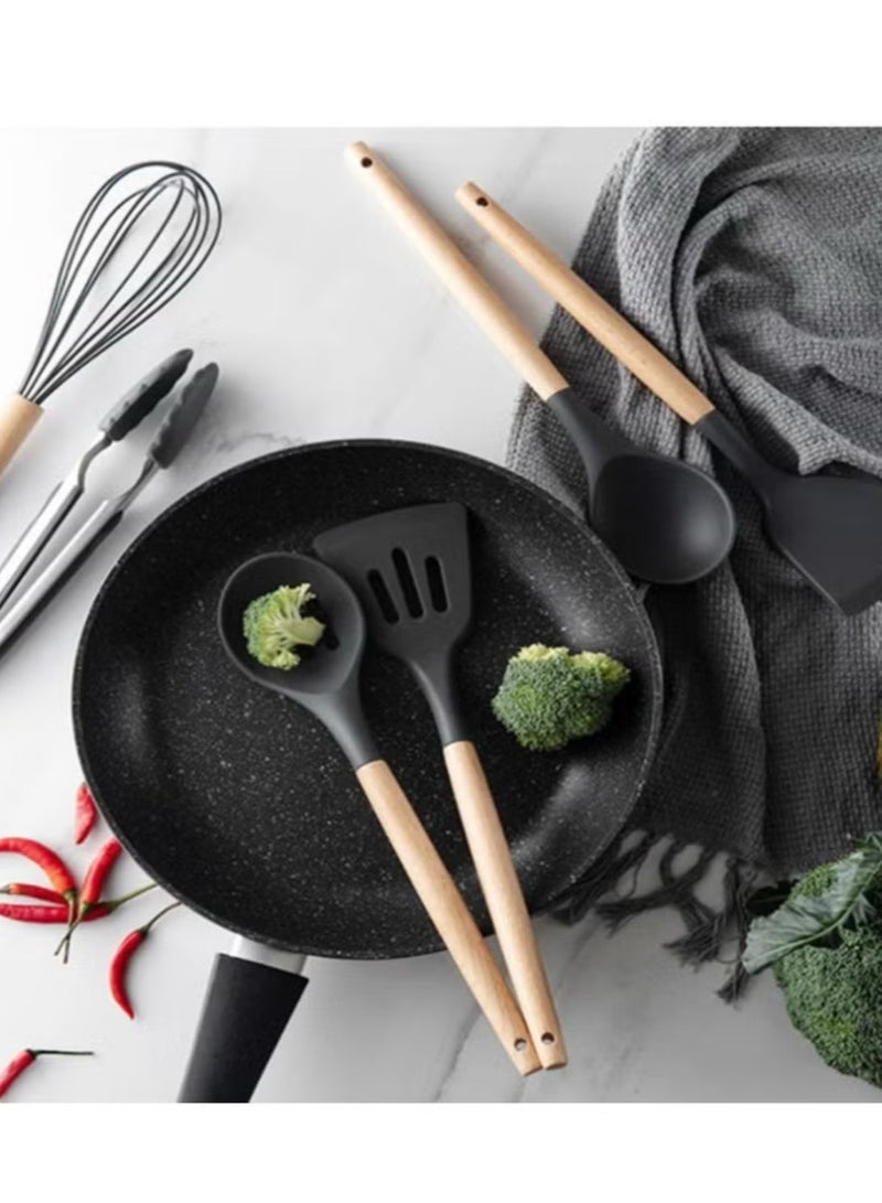 طقم أدوات مطبخ 12 قطعة أدوات طبخ سيليكون طقم أدوات طبخ من السيليكون ملاعق خشبية مقاومة للحرارة لأدوات الطبخ المانعة للالتصاق (أسود) - Image 4