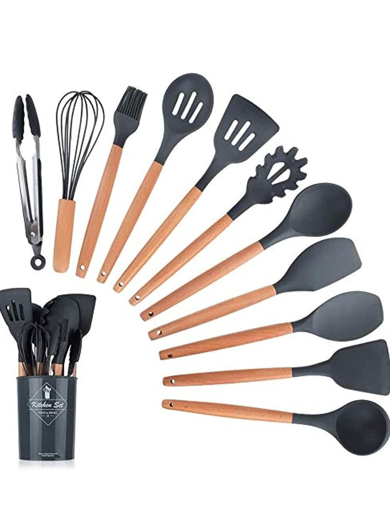 طقم أدوات مطبخ 12 قطعة أدوات طبخ سيليكون طقم أدوات طبخ من السيليكون ملاعق خشبية مقاومة للحرارة لأدوات الطبخ المانعة للالتصاق (أسود) - Image 1