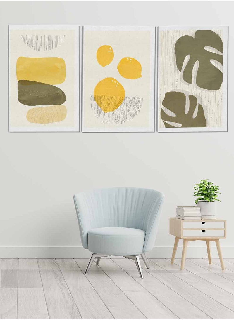LOWHA Set Of 3 Framed Canvas Wall Arts Stretched Over Wooden Frame Lemon And Leaves Abstract Paintings For Home Living Room Office Decor  - Image 1