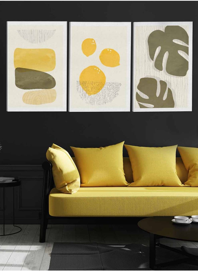 LOWHA Set Of 3 Framed Canvas Wall Arts Stretched Over Wooden Frame Lemon And Leaves Abstract Paintings For Home Living Room Office Decor  - Image 3