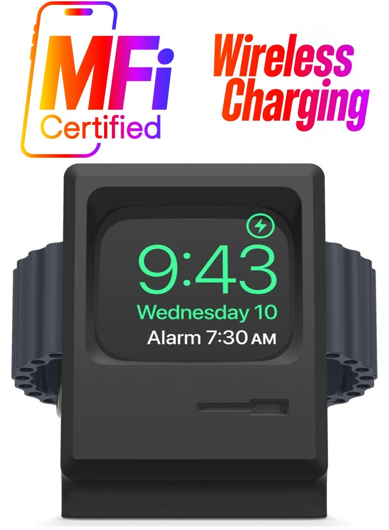 Excefore Stand Compatible with Apple Watch Ultra Series 8/7/6/5/4/3/2/1/SE 49mm/45mm/44mm/42mm Classic Monitor Design Compatible with Nightstand Mode Retro Computer Silicone Wireless Charging Dock (Black) - Image 1